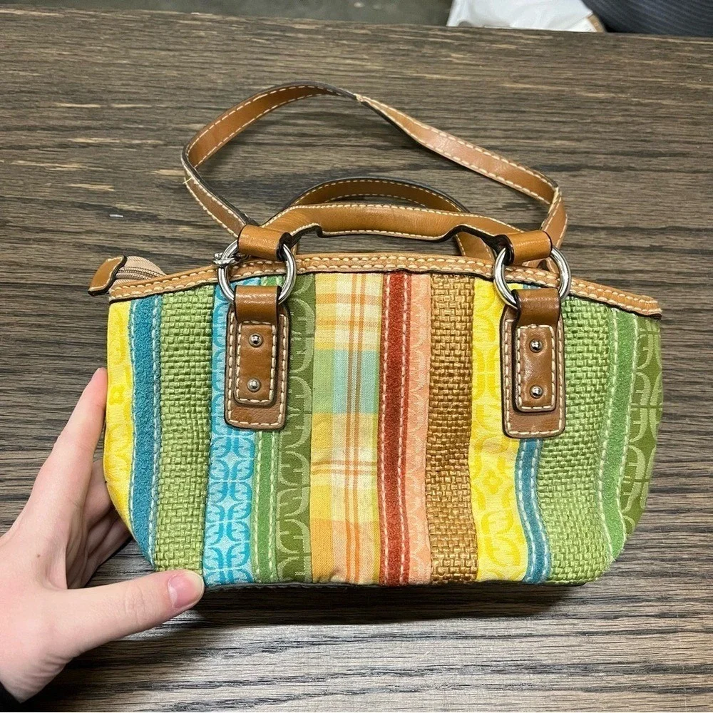 Fossil Patchwork Striped Canvas Leather Satchel Crossbody Bag Multicolor Green